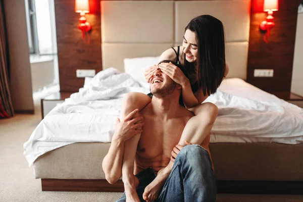 Sexy Love Couple Hugging Having Fun Bedroom — Stock Photo, Image