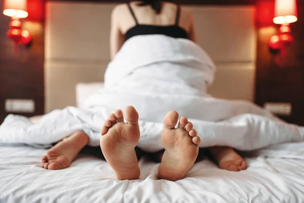 Woman Sitting Man Back View Passionate Lovers Bed — Stock Photo, Image