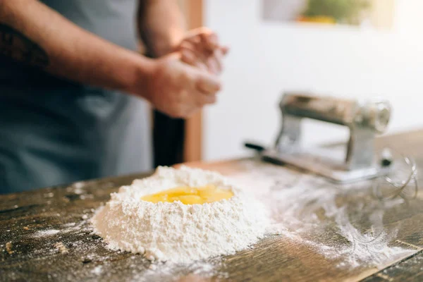 Homemade Pasta Cooking Process Dough Preparation Male Hands Egg — Stock Photo, Image