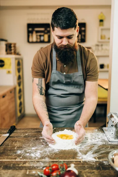 Homemade Pasta Cooking Man Making Dough Egg Bunch Flour Wooden — Stock Photo, Image