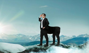 success business way concept. Purposeful and confident businessman centaur looking forward on top of mountain clipart