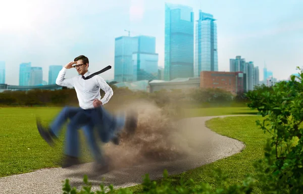 Purposeful Confident Businessman Runs Way Victory Legs Blur Repeating Effect — Stock Photo, Image