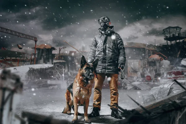 Stalker Soldier Gas Mask Dog Ruined Buildings Radioactive Zone Post — Stock Photo, Image