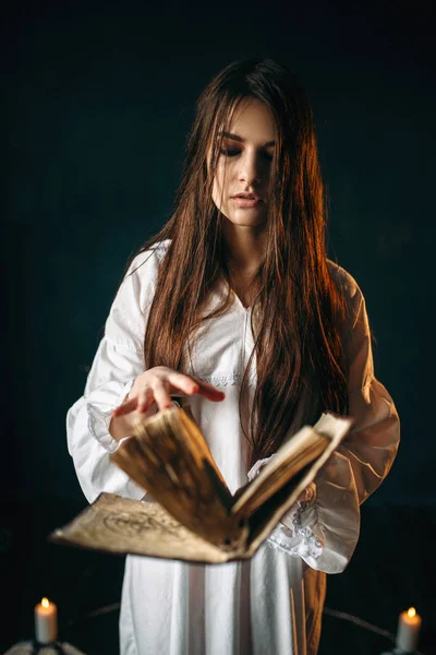 Young Woman White Shirt Standing Center Pentagram Circle Candles Reading — Stock Photo, Image