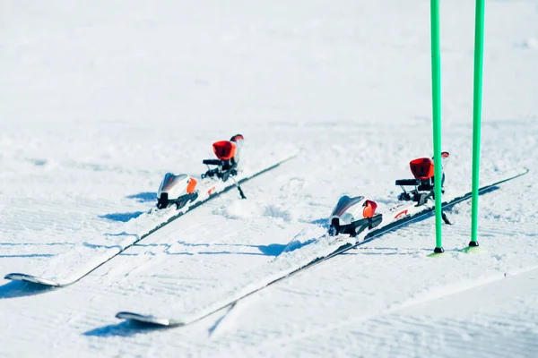Skis Poles Sticking Out Snow Closeup Winter Active Sport Concept — Stock Photo, Image