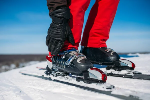 Skier Fastens Fastening Skis Closeup Winter Active Sport Extreme Lifestyle — Stock Photo, Image