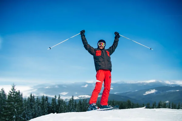 Mannelijke Skiër Met Handen Omhoog Bovenop Berg Blauwe Hemel Bos — Stockfoto