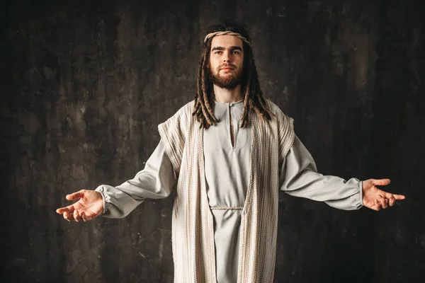 Jezus Christus Met Open Armen Donkere Achtergrond Christelijk Geloof Zoon — Stockfoto
