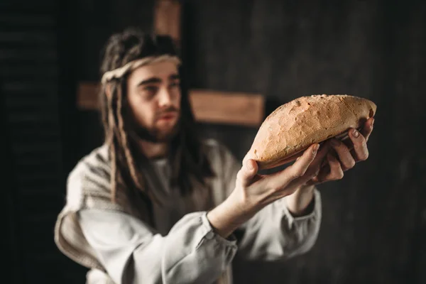 Jezus Chrystus Chlebem Ręce Święte Żywności Ukrzyżowanie Krzyża Tle — Zdjęcie stockowe