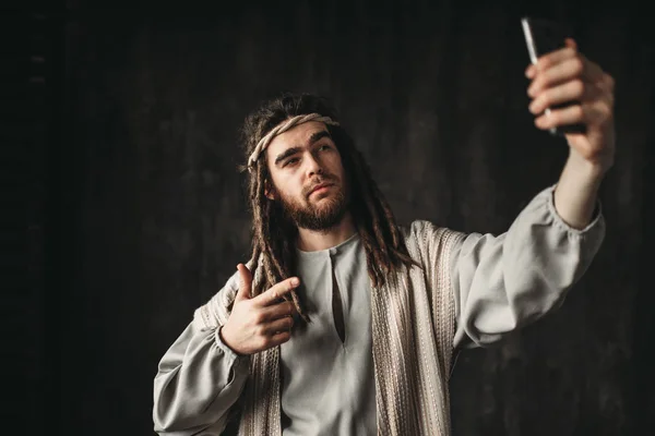 Jésus Christ Faisant Selfie Avec Téléphone Portable — Photo