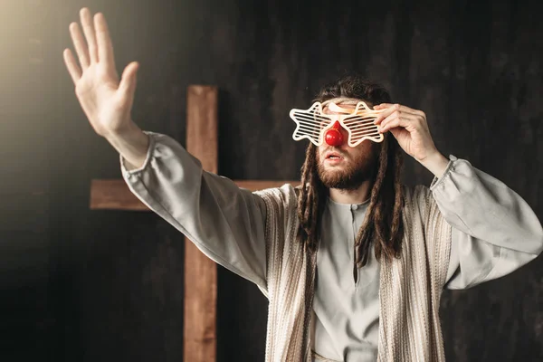 Jesucristo Gafas Fiesta Extendiendo Mano Cruz Crucifixión Fondo — Foto de Stock