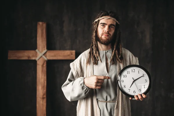 Иисус Христос Часами Бог Повернуть Время Вспять Крест Распятия Черном — стоковое фото