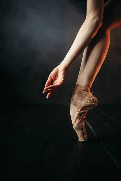 Perna Mão Bela Bailarina Sapatos Ponto — Fotografia de Stock