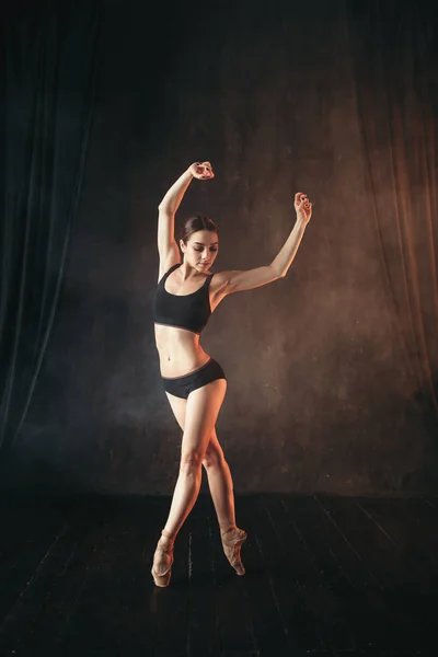 Graceful Beautiful Ballerina Black Lingerie Dancing Dark Room — Stock Photo, Image