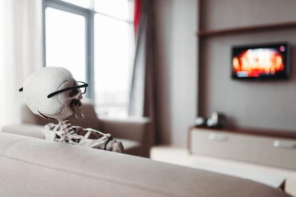 Esqueleto Óculos Está Sentado Sofá Assistir Visão Traseira Janela Fundo — Fotografia de Stock
