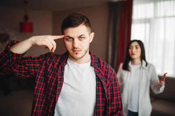 Husband Putting Finger His Temple Wife Yelling Him Family Quarrel — Stock Photo, Image