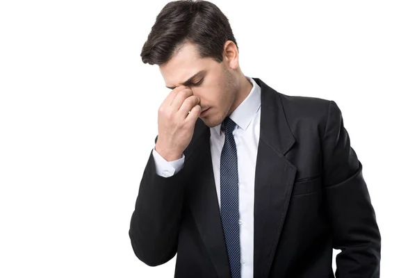 Joven Hombre Negocios Cansado Corbata Traje Negro Aislado Sobre Fondo — Foto de Stock