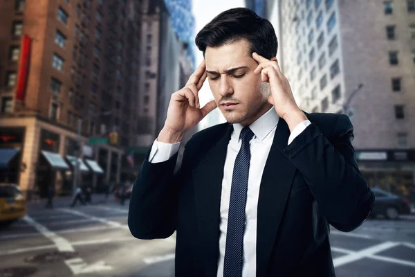 Tense Thoughtful Businessman Tie Black Suit Street Business Center Background — Stock Photo, Image