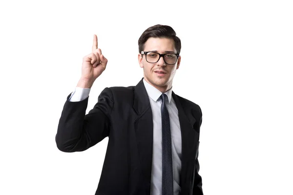 Young Serious Businessman Black Suit Pointing Finger Isolated White Background — Stock Photo, Image