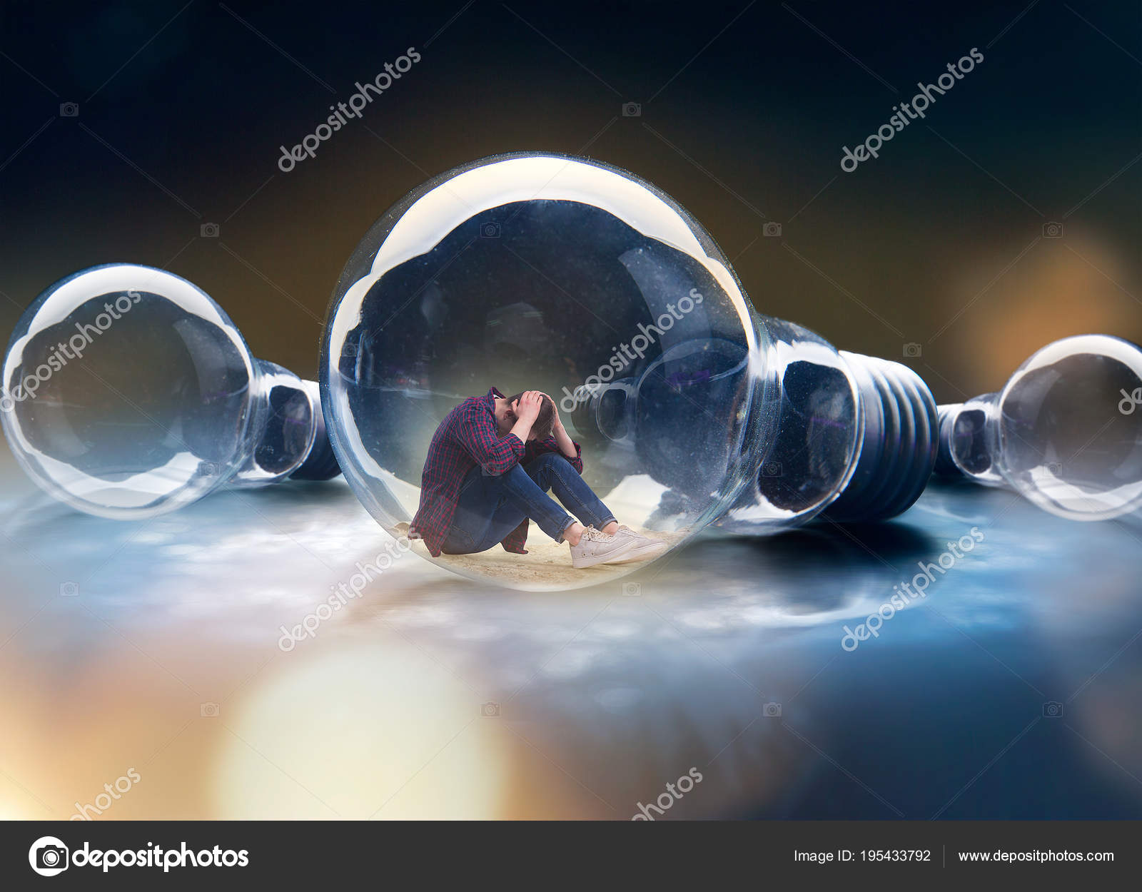 Conceito Solidão Triste Homem Deprimido Está Sentado Uma Lâmpada Grande —  Foto © Nomadsoul1 #195433792, image size:1600x1250