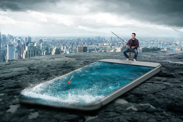 Phone Addicted People Concept Man Fishing Smartphone Screen Water Cityscape — Stock Photo, Image