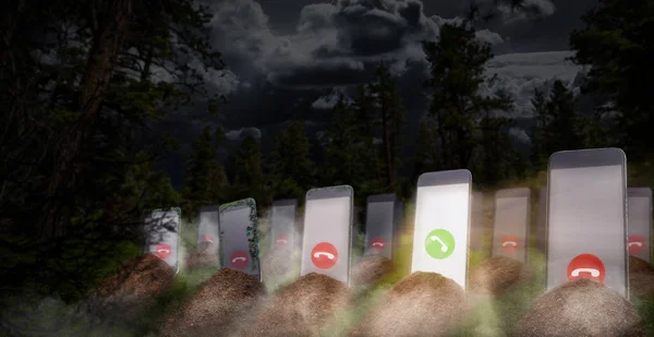 Phone addiction even after death. Cellphone addicted people concept. Graves with smartphones with glowing screens instead of a monument, panoramic view