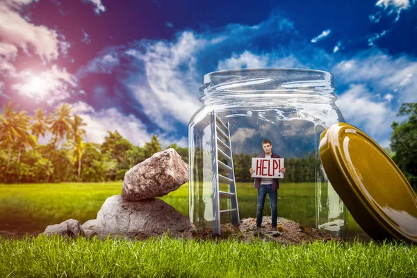 Angst Vor Einsamkeit Junger Hilfloser Mann Mit Hilfeschild Der Einem — Stockfoto