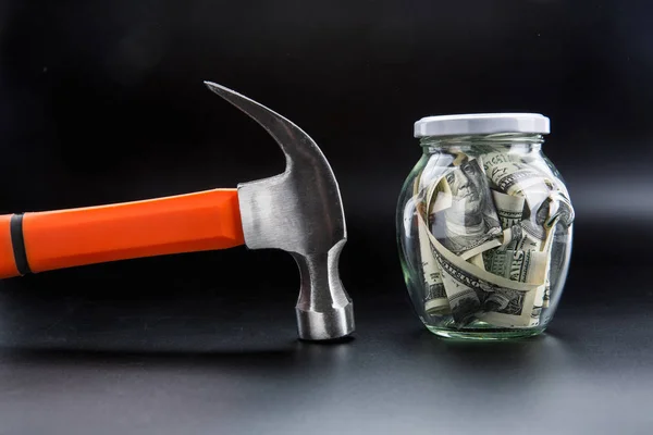 Money Saving Control Concept Hammer Glass Jar Full Dollars Cash — Stock Photo, Image