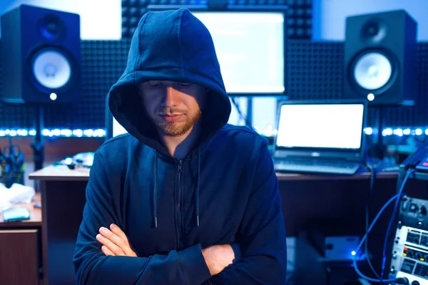 Hacker Hood His Workplace Laptop Password Account Hacking Internet Spy — Stock Photo, Image