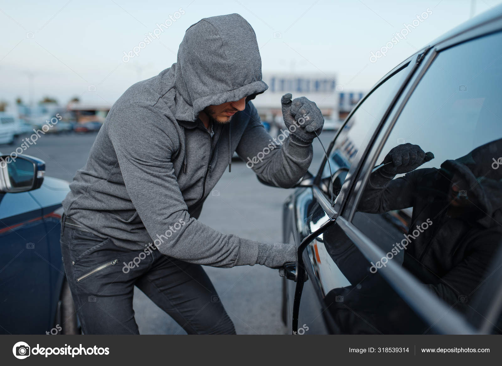Car Thief Breaking Door Lock Criminal Job Burglar Hooded Male