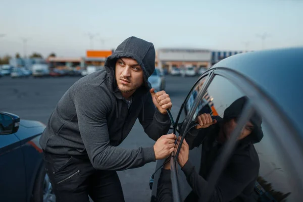 Car Thief Breaking Door Lock Criminal Job Burglar Hooded Male — Stock Photo, Image