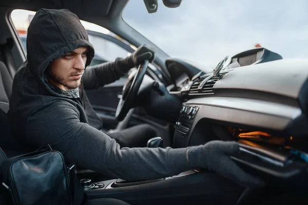 Car Robber Searches Glove Compartment Dangerous Hobby Stealing Hooded Male — Stock Photo, Image