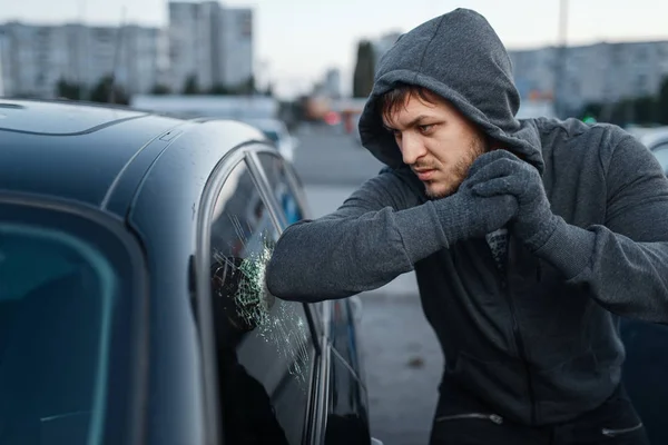 Car Thief Breaking Door Glass Criminal Job Burglar Hooded Male — Stock Photo, Image