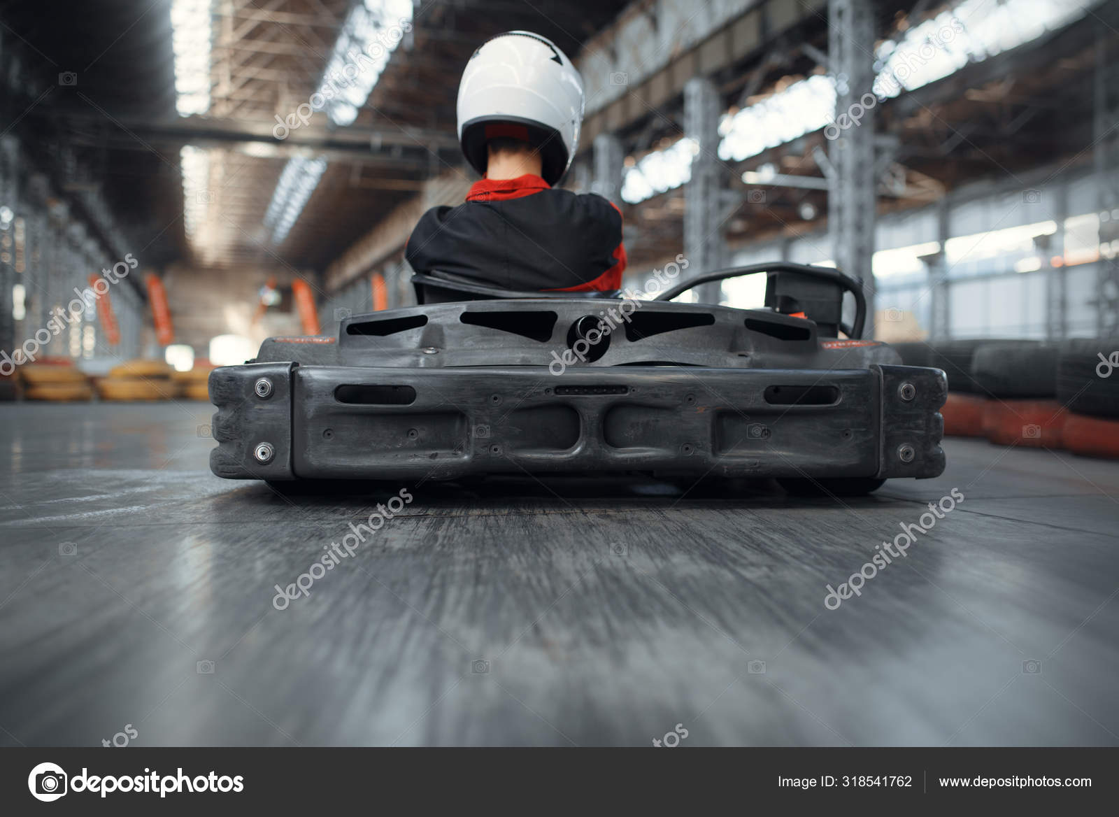 Racer Helmet Driving Kart Car Back View Karting Auto Sport Stock