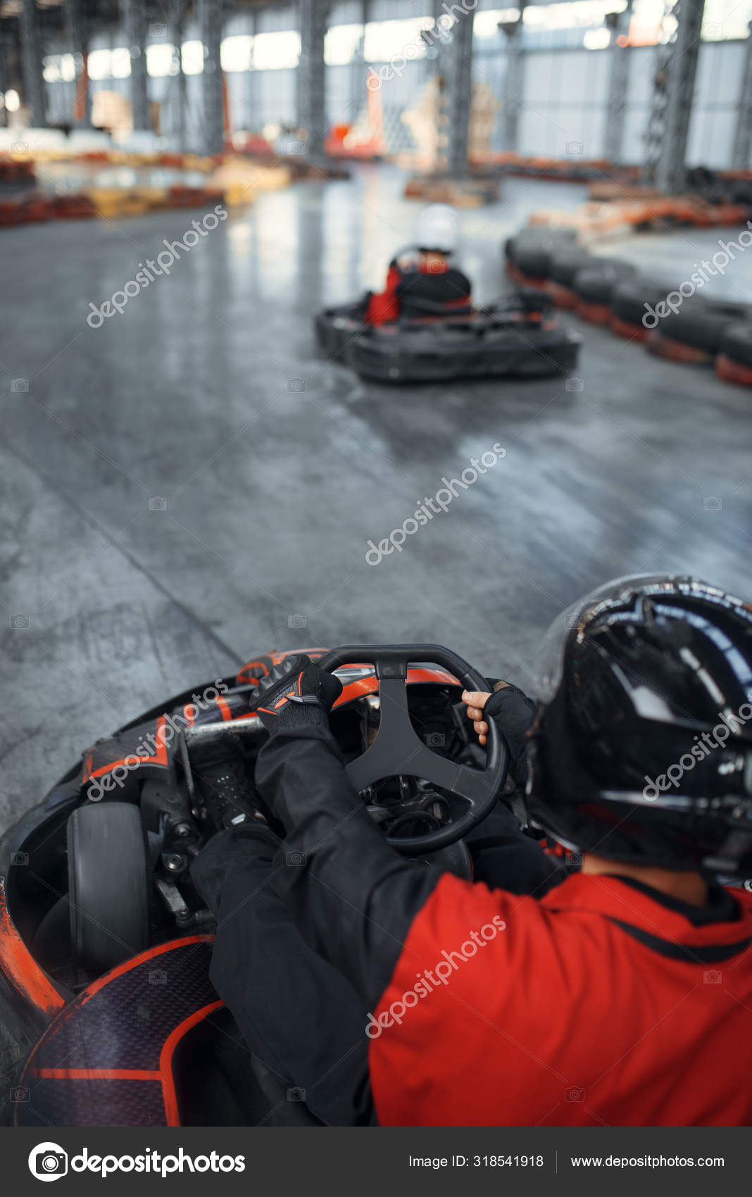 Racer Helmet Driving Kart Car Back View Karting Auto Sport Stock