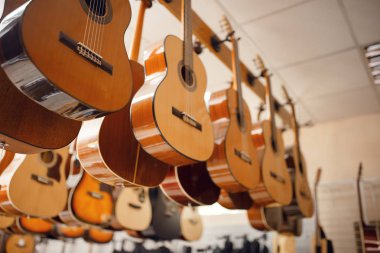 Müzik dükkanında akustik gitarlar sergileniyor, kimse yok. Müzikal enstrüman dükkanında çeşitlilik, müzisyenler ve sanatçılar için profesyonel ekipman