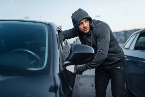 Car Thief Breaking Door Criminal Job Burglar Stealing Hooded Male — Stock Photo, Image