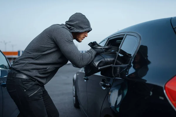 Car Robber Takes Women Handbag Criminal Lifestyle Stealing Hooded Male — Stock Photo, Image