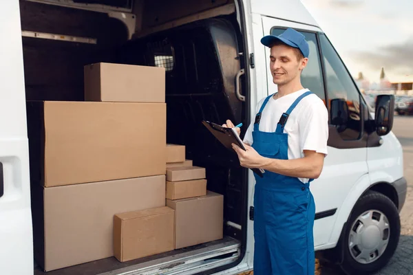Deliveryman Uniform Carton Boxes Car Delivery Service Man Standing Cardboard — Stock Photo, Image