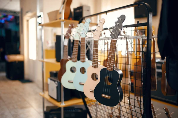 Reihe Von Akustikgitarren Ukulele Auf Vitrine Musikgeschäft Niemand Sortiment Musikinstrumentengeschäft — Stockfoto