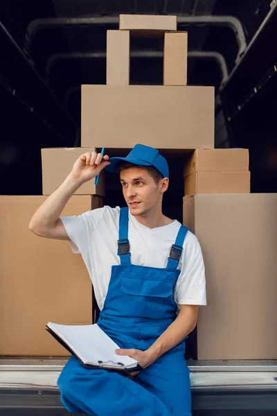 Deliveryman Uniform Parcels Car Background Cargo Delivery Service Man Standing — Stock Photo, Image