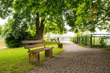 Benches in green park, old European town, nobody. Summer tourism and travels, famous europe landmark, popular places for tourists clipart