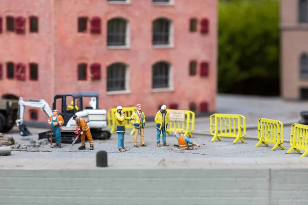 Baustelle Maschinen Und Bauarbeiter Miniaturszene Freien Europa Minifiguren Mit Hoher — Stockfoto