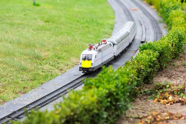 Tren Pasa Por Ferrocarril Escena Miniatura Aire Libre Europa Mini — Foto de Stock