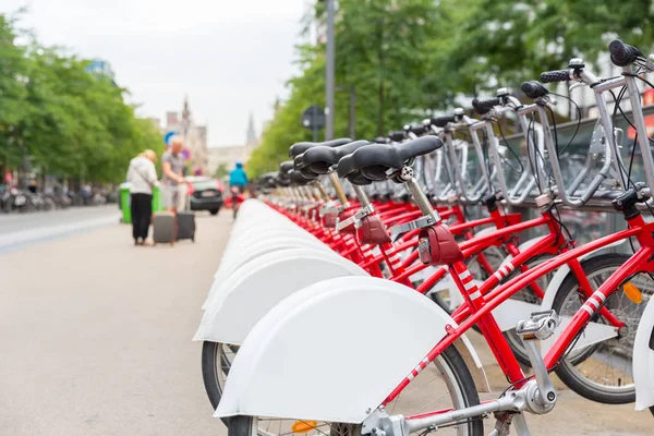 Fahrradverleih Europa Fahrradverleih Städtischer Ökotransport Mensch Angetriebenes Fahrzeug Reihe Roter — Stockfoto