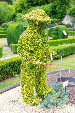 Çalılardan çim biçme makinesi şeklinde, Avrupa 'daki yaz parkında. Profesyonel bahçıvanlık, Avrupa yeşil manzarası, bahçe bitkileri dekorasyonu.