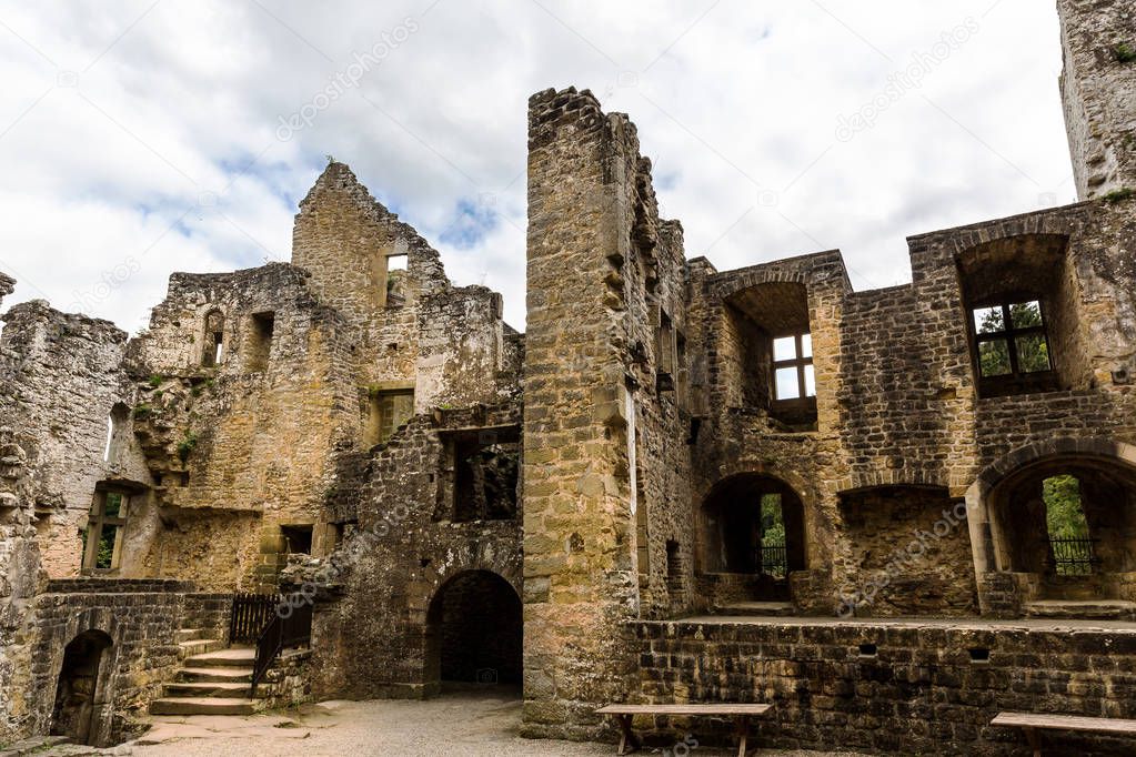Old castle ruins, ancient stone building, Europe, panorama. Traditional european architecture