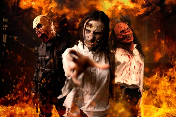 Zombies Bloody Skinned Faces Nightmare Explosions Fire Background Horror City — Stock Photo, Image