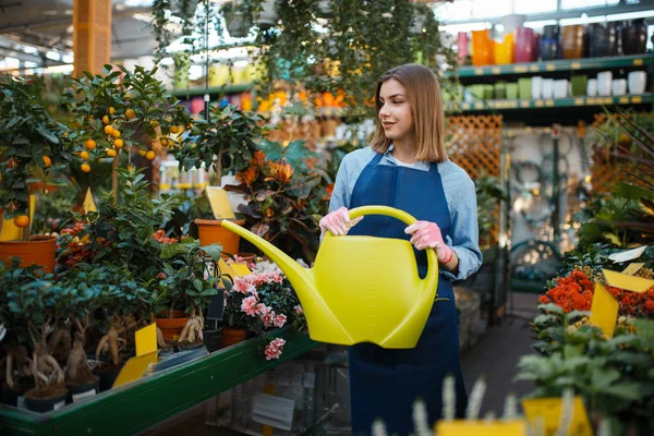 Female Gardener Watering Can Takes Care Plants Shop Gardening Woman — Stock Photo, Image