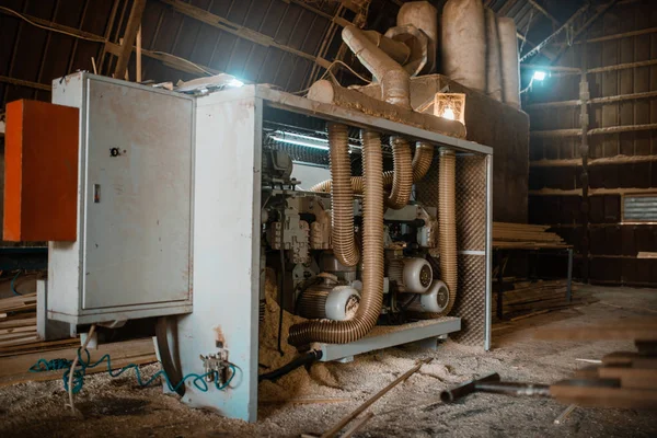 Holzbearbeitungsmaschine Sägemehl Niemand Holzindustrie Zimmerei Holzverarbeitung Der Fabrik Holzsägen Holzhof — Stockfoto